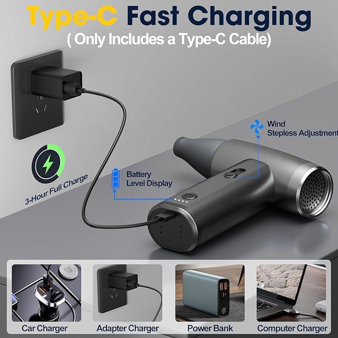 Metal Electric Compressed Air Duster, 300000RPM Brushless Motor with Stepless Speed, Rechargeable Cordless Mini Blower for Computer Keyboard Cleaning, Car Detailing, House and Outdoor Use(Black) - NeatNest