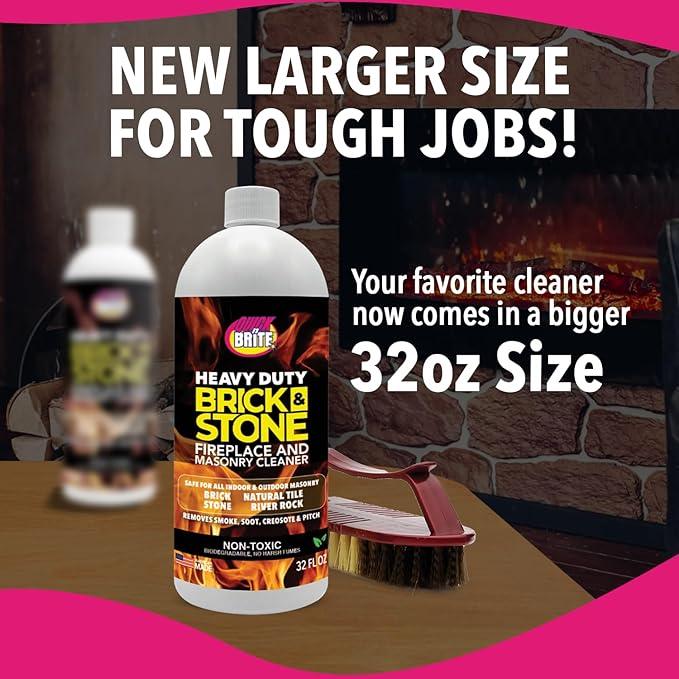 Quick'n Brite Fireplace Brick and Stone Cleaner 32oz with Scrub Brush - Natural Stone, Tile, and Marble Cleaner - Indoor Fireplace and Wood Stove Cleaning Kit - Pellet Stove Creosote Remover - NeatNest