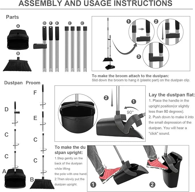 Broom and Dustpan Set, Large Household Broom with Dustpan Combo Set, 55" Long Handle Black Dust Pan Kit for Kitchen Lobby Office Indoor Outdoor - NeatNest