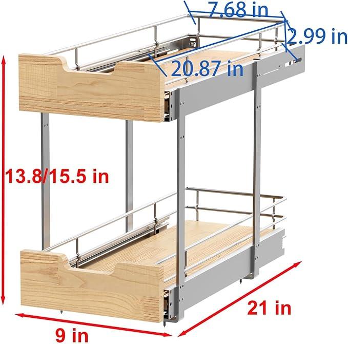 Pull Out Cabinet Organizer,Heavy-Duty Slide Out Shelf, Wood and Wire Basket, Pull Out Drawer for for Kitchen Under Sink Space, Pantry, Bathroom, 2 Tie 9 * 21 in - NeatNest