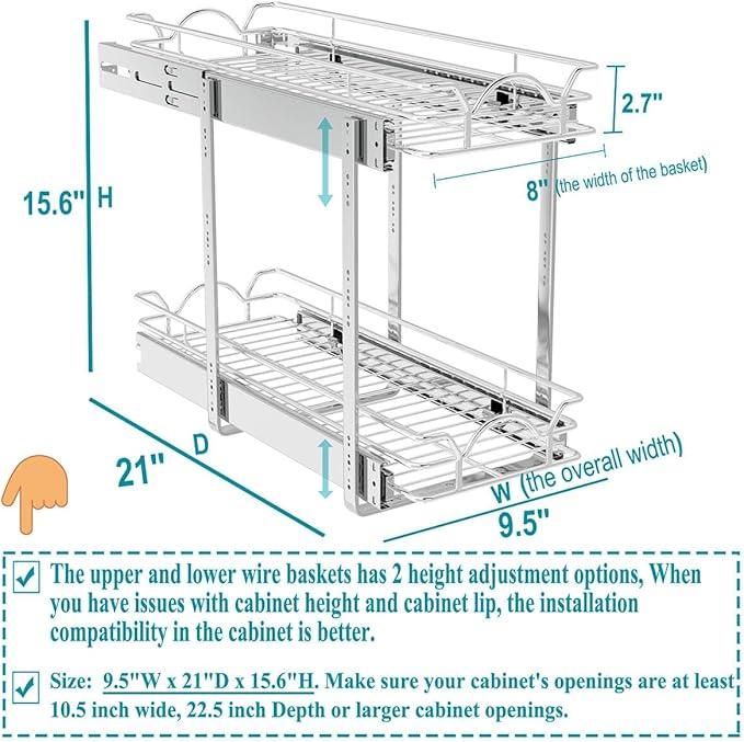OCG 2 Tier Pull Out Cabinet Organizer (9.5" W x 21" D), Pull Out Drawers for Kitchen Cabinets, Pull Out Shelves for Base Cabinet Organization in Kitchen Bathroom Pantry, Chrome Finish - NeatNest