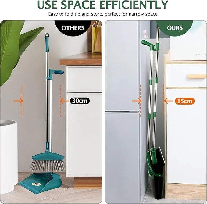 Broom and Dustpan Set with Long Handle, Light Weight Stainless Steel Poles Stand Upright Dustpans with Broom Combo for Home Kitchen Office Pet Dog Hair, 1-Pack(Black Green) - NeatNest