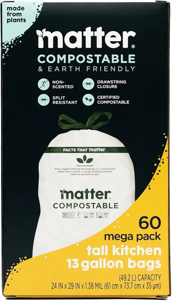 Matter Compostable 13 Gallon Tall Kitchen Trash Bags with Drawstring, Eco-Friendly, Unscented, Durable, Leak-Resistant, 60 Count - NeatNest