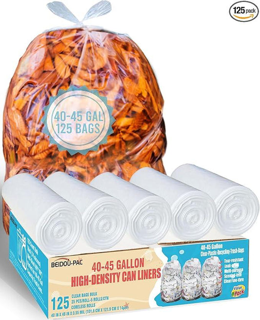 40-45 Gallon Lawn & Leaf Trash Bags, 125 Count Bulk, Heavy Duty Clear Plastic Recycling Bags, Multi-purpose Garbage Bags for Home Commercial, Outdoor, Construction, Industrial - NeatNest