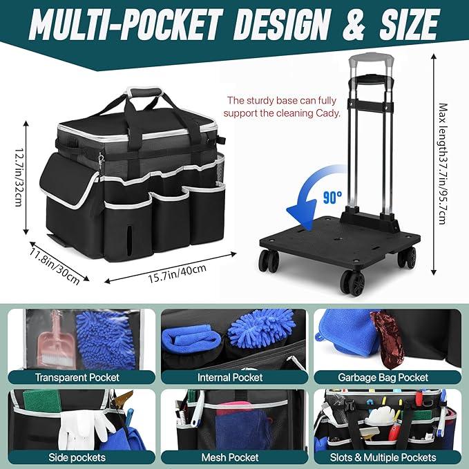 Large Rolling Cleaning Caddy Bag with Detachable Trolley, Full Support Plates for Professional Cleaning Supplies Bag, Organizer Bag with 4 Universal Wheels for Housekeepers, Car Wash, Office, Picnic - NeatNest