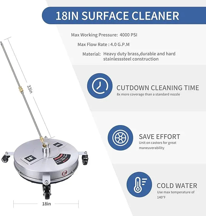 Biswing 18" Pressure Washer Surface Cleaner with 4 Wheels, Stainless Steel Power Washer Accessory for Driveways Sidewalks Patios Cleaning, 1/4" Quick Connector, 2 Extension Wand Attachments, 4000 PSI - NeatNest