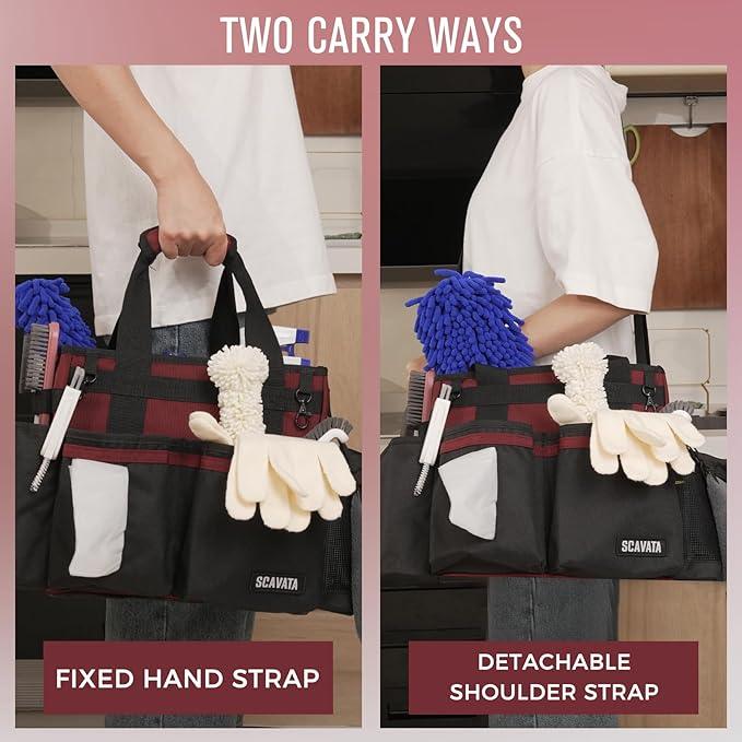 Compact Wearable Cleaning Caddy, Small Cleaning Caddy Supplies Organizer with Handle & Shoulder Straps for Housekeepers, Under Sink & Car Cleaning Tool Organizers Bag (AncoraRed) - NeatNest
