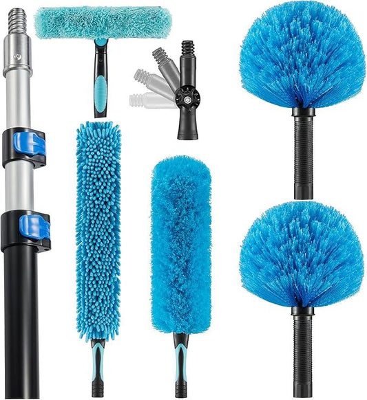 20 Foot High Ceiling Fan Duster with 5-12 Foot Extension Pole, Extendable Reusable Cobweb, Feather, Window Cleaning Squeegee Kit Blue - NeatNest