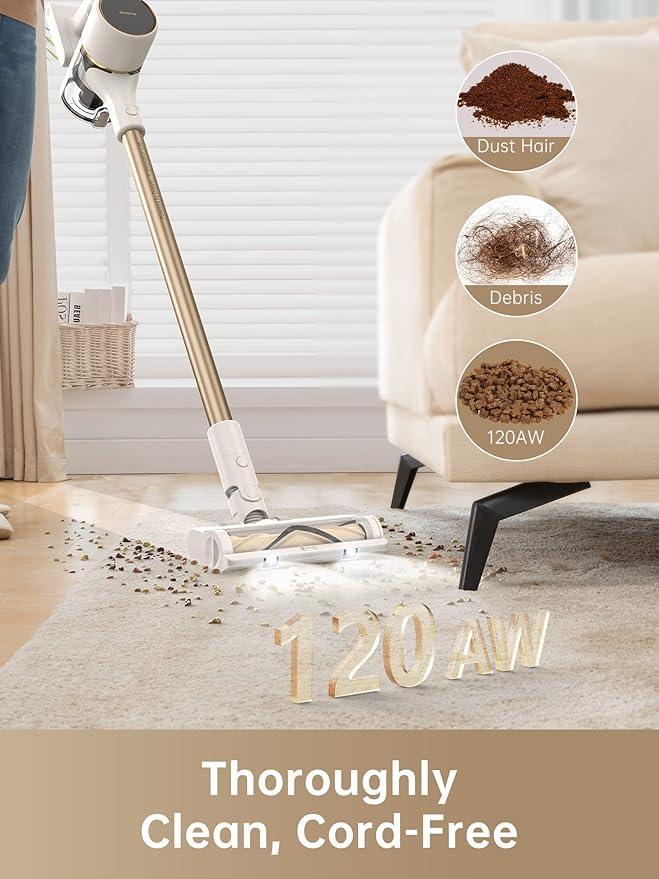 DREAME Cordless Stick Vacuum Cleaner for Home, Powerful 120AW Suction with Anti-Tangle Brush, LED Headlights, Five-Layer Filtration, Up to 60 Mins, Handheld Vacuum Deep Clean Hair, Hard Floor, Carpet - NeatNest
