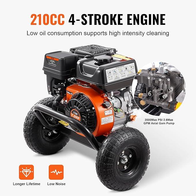 VEVOR Gas Pressure Washer, 3500 PSI 2.6 GPM, Gas Powered Pressure Washer with Aluminum Pump, Spray Gun and Extension Wand, 5 Nozzle Set, for Cars, Fences, Homes, Driveways, Patios Furniture Horizontal - NeatNest