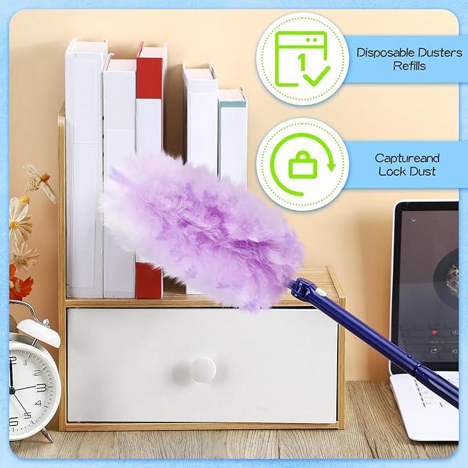 Vesici 100 Pcs Duster Refills Compatible with Swiffer Dusters Bulk Disposable Replacement Thickened with 1 Handle Heavy Duty for Cleaning, Office (Purple and Pink) - NeatNest
