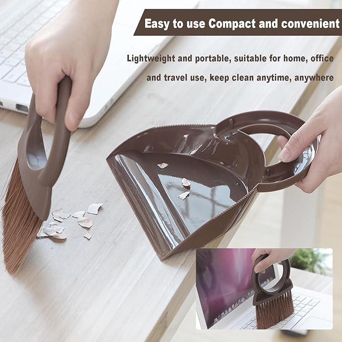 Round Handle Brush and Dustpan Set Small Broom & Dustpan Portable Handheld Sweeper for Desktop Sofa Floor Pet Nest (Coffee) - NeatNest