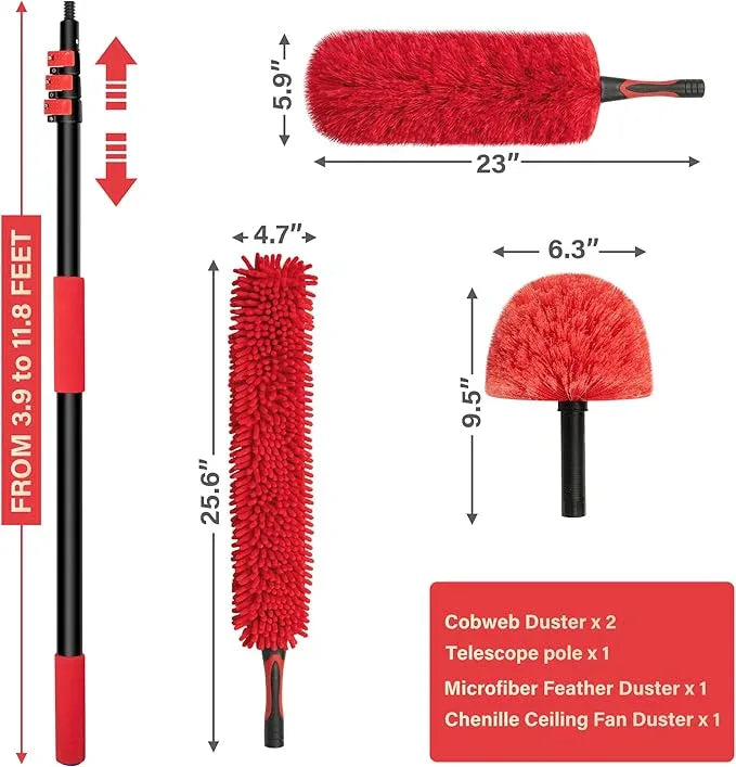 5-12 FT Extension Pole with 2 Outdoor Cobweb Brushes, 20 FT High Reach Ceiling Fan Cleaner Duster for Home, 12 FT Extendable Pole with 4 Pcs Dusting Tools, Cubweb Dusters, Feather Dusters, Fan Duster - NeatNest