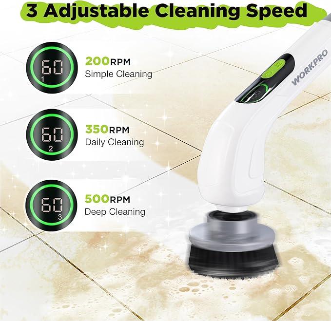 WORKPRO Electric Spin Scrubber, Cordless Cleaning Brush, 3-Speed, Long Adjustable Handle & 8 Replaceable Brush Heads, Waterproof Scrubber for Bathroom, Kitchen, Bathtub, and Floor, for Women - NeatNest