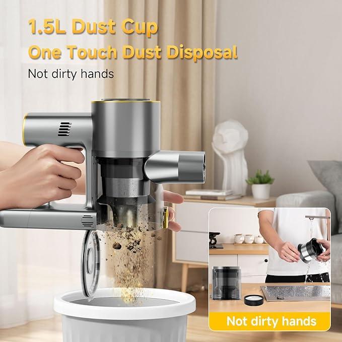 Cordless Stick Vacuum Cleaner - 45KPA Powerful Suction Vacuum with 45 Min Runtime, Detachable Battery, Anti-Tangle & 1.5L Dust Cup, 8 in 1 Vacuum Cleaner for Pet Hair, Carpet, HardFloor, Yellow - NeatNest