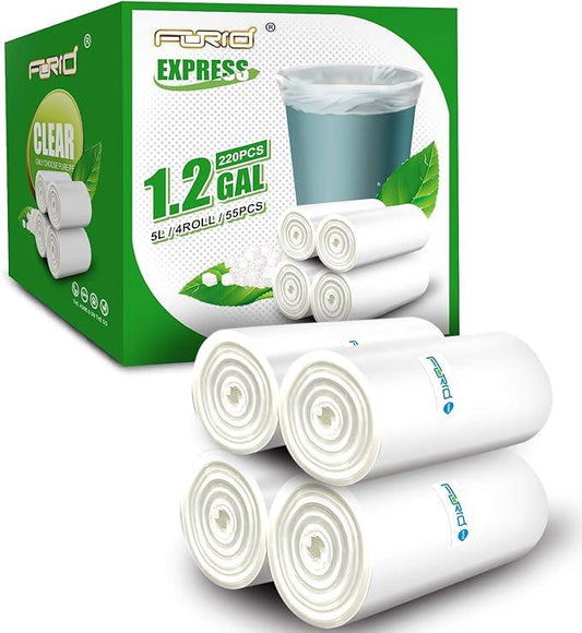 FORID Clear Small Trash Bags, 1.2 Gallon Garbage Bags, Wastebasket Bin Liners 220 Count Plastic Trash Bags for Bathroom Bedroom Office Garbage Can 5 Liters - Durable & Thick Trash Bag - NeatNest