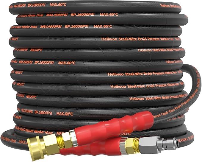 5/16" Pressure Washer Hose 50 FT, Hot and Cold Water Power Washer Hose Max 140°F, Commercial Industrial Grade Steel Wire Braided Kink Proof Extension Hose with 3/8 Quick Connect 4500 PSI - NeatNest