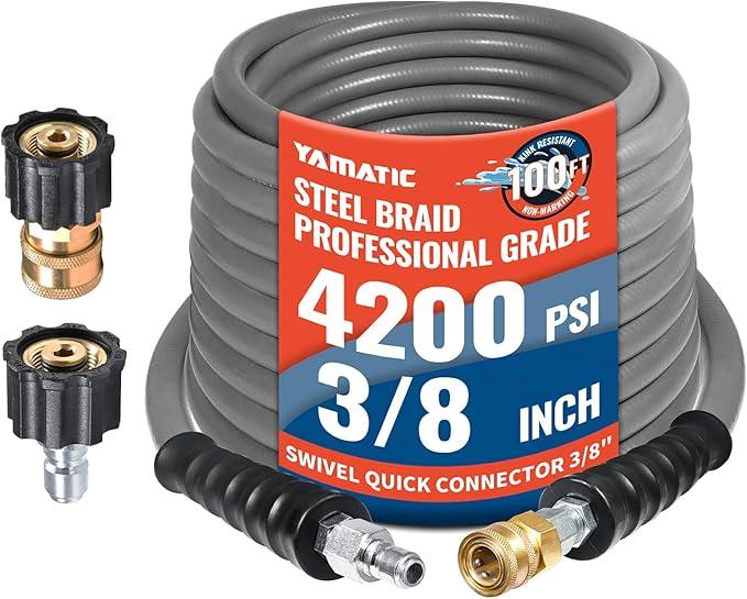 YAMATIC Non Marking 3/8" Pressure Washer Hose 100FT 4200 PSI, Kink Resistant Swivel 3/8" Quick Connect, Rubber Steel Braided Wear Resistant Industry Grade for Hot/Cold Water Gas Power Washer - NeatNest