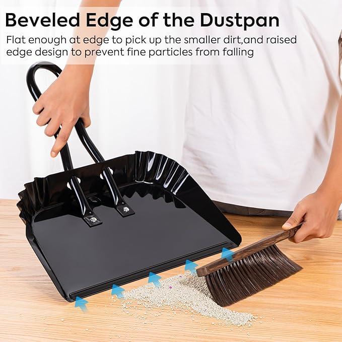 Yangbaga 3pcs Metal Dustpan and Brush Set, 17In Extra Large Handheld Dust Pan and Wood Broom,Heavy-Duty Dust Pans Metal Edge Flat Against Floor for Patio/Pet/Car/Outdoor - NeatNest