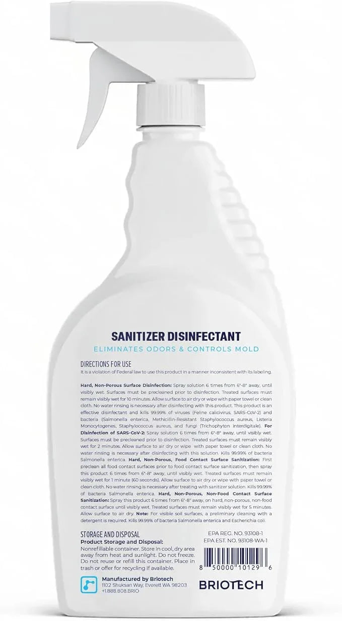 BRIOTECH Sanitizer Disinfectant Hypochlorous Spray, Kill 99.99% of Viruses & Bacteria, Control Mold, Eliminate Odor, Gentle for Nursery & Play Rooms, Food Contact Surface Sanitizer, 32 fl oz - NeatNest