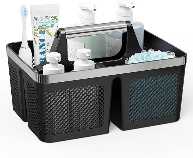 Black Shower Caddy Portable: Plastic Bathroom Caddy Organizer with Handle and Holes, Cleaning Caddy, Hard Shower Basket Storage Tote for Toiletry, College Dorm Room Essentials for Men - NeatNest