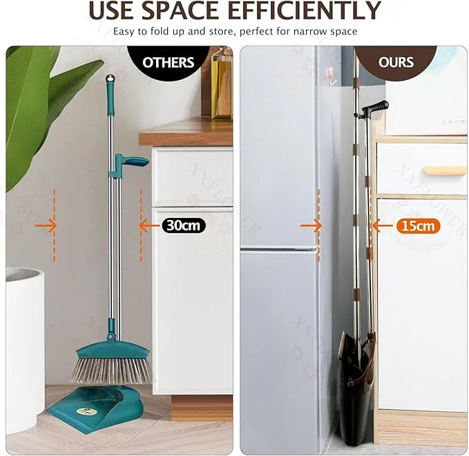 Broom and Dustpan Set with Long Handle, Light Weight Stainless Steel Poles Stand Upright Dustpans with Broom Combo for Home Kitchen Office Pet Dog Hair, 1-Pack (Black Brown) - NeatNest