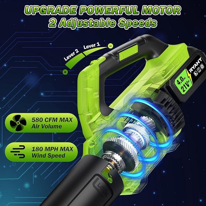 Leaf Blower Cordless, Leaf Blower with Battery and Charger - 2 x 4.0Ah Batteries, 2 Speed Modes, 21V Powerful Lightweight Electric Blowers for Lawn Care, Patio Cleaning and Dust, Green - NeatNest
