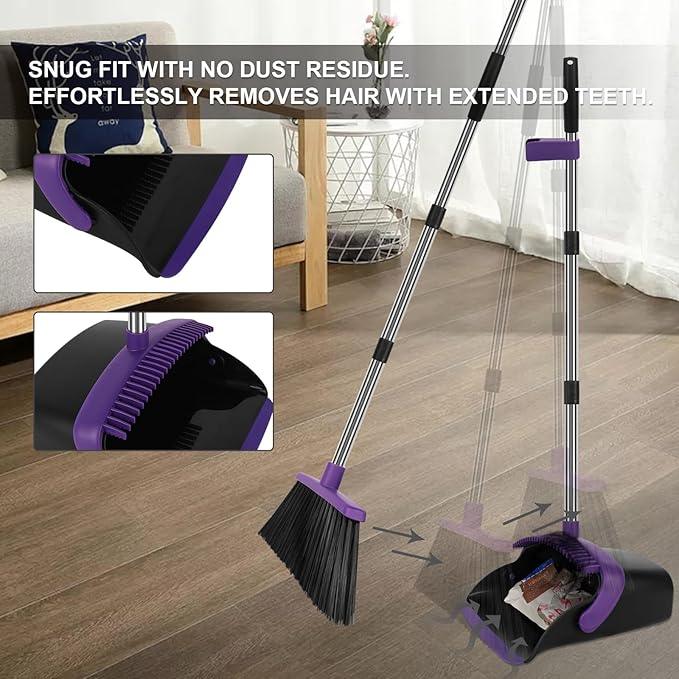 Broom and Dustpan Set, Large Household Dustpans and Broom with 55 Inch Long Handle, Pueple Broom with Dustpan Combo Set for Home - NeatNest