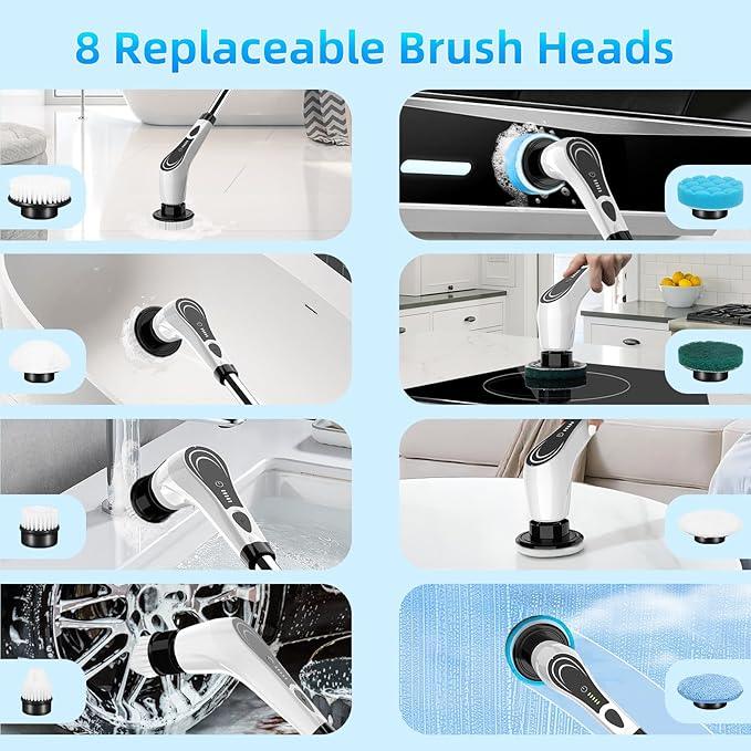 White Electric Spin Scrubber, Cordless Spin Scrubber with 8 Replaceable Brush Heads, Electric Scrub Brush with Adjustable Extension Handle, Electric Cleaning Brush for Bathroom, Tile and Bathtub - NeatNest