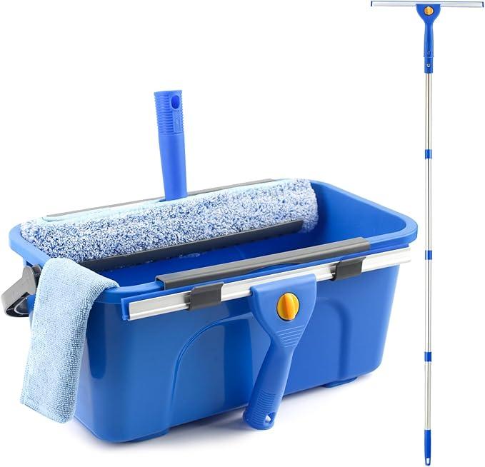 Window Cleaning Kit with Bucket 3 Gallon, 14" Window Squeegee and 15" Scrubber with 61" Long Handle, Professional Window Washing Equipment Cleaner Tool for Home Outdoor Commercial Use - NeatNest