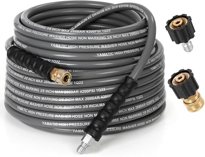 YAMATIC 3/8" Pressure Washer Hose 50FT with Swivel Quick Connect, 4200 PSI Non Marking Rubber Wear Resistant Steel Braided Industry Grade for Hot/Cold Water Gas Power Washer - NeatNest