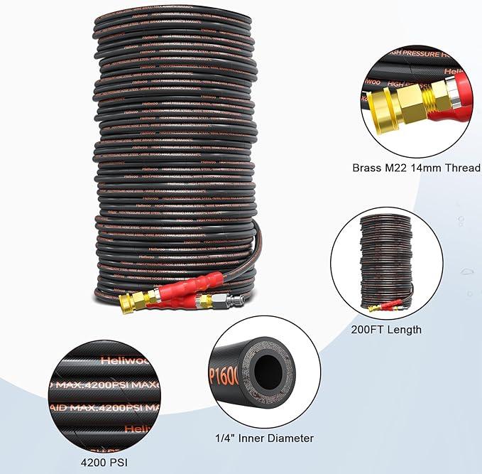 200FT Pressure Washer Hose 4200PSI, Power Washer Hose Steel Wire Braided with Swivel Quick Connect, Commercial Grade Industrial High Pressure Water Washing Hose (4200PSI, 200FT) - NeatNest
