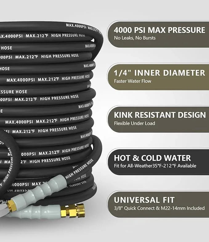 Pressure Washer Hose 150FT 4000 PSI, Kink Resistant Steel Braided Layer & NonMarking Rubber for Hot/Cold Water, High Power Washer Hose With 3/8 Inch Quick Connect & M22 Fitting, Black - NeatNest