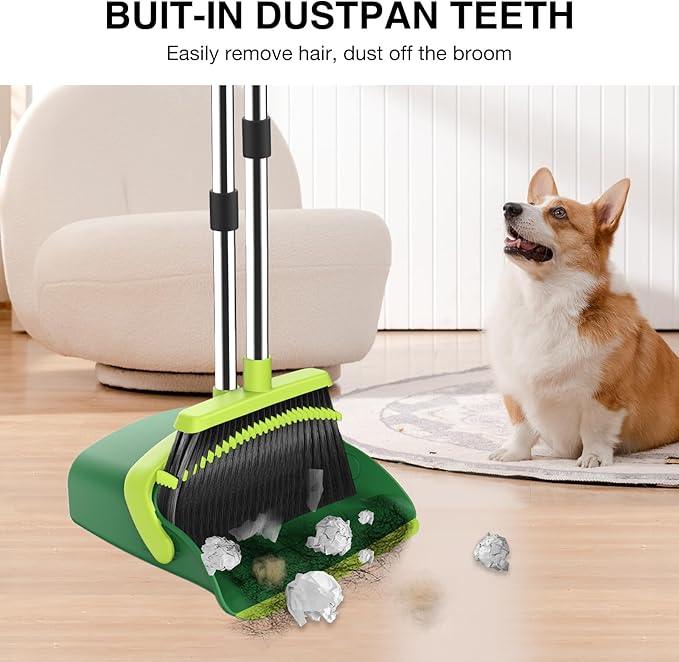 Broom and Dustpan Set, 52-in Long Adjustable Handle Broom Dustpan Combo with Dust pan Teeth to Automatically Clean Hair Suitable for Home Kitchen Office Hall Floor (Green), 2 Pack - NeatNest