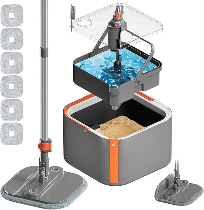 Upgraded Spin Mop and Bucket Set Self-Standing Rod Separate Dirty and Clean Water System Self Wringing 360° Rotating 90° Foldabl for Hard Floor Cabinet Windows Wall Dark Gray, 6Pads - NeatNest