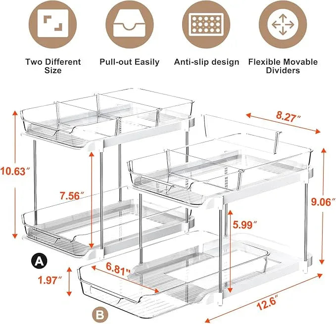 Delamu 2-Tier Multi-Purpose Bathroom Under Sink Organizers and Storage, Stackable Kitchen Pantry Organization, Pull Out Medicine Cabinet Organizer with Movable Dividers, White, 2 Pack - NeatNest