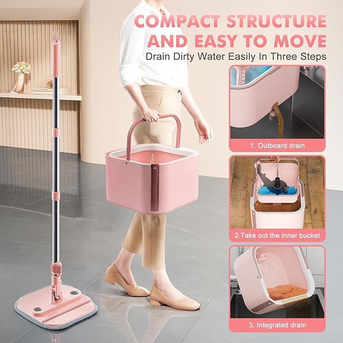 KZKR Square Spin Mop and Bucket Set with Self Separation Dirty and Clean Water System,Self Wringing 360° Rotating Mops Head for Home Floors Cleaning (2.0 mop Bucket Set with 6 Pads) - NeatNest