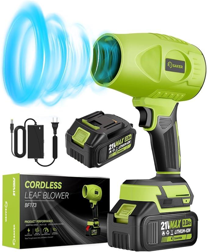 Saker Cordless Leaf Blower Portable Dust Cleaner Handheld Blowers 2 x 4.0Ah Batteries 180000 RPM Air Duster with Adjustable Speed for Drying Patio Cleaning Green - NeatNest