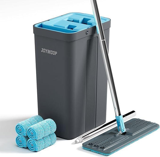 JOYMOOP Mop and Bucket Set with Wringer, Mops for Floor Cleaning, Wall Mop Cleaner with Long Handle, with 4 Reusable Microfiber Mop Pads - Grey+Cyan Blue - NeatNest