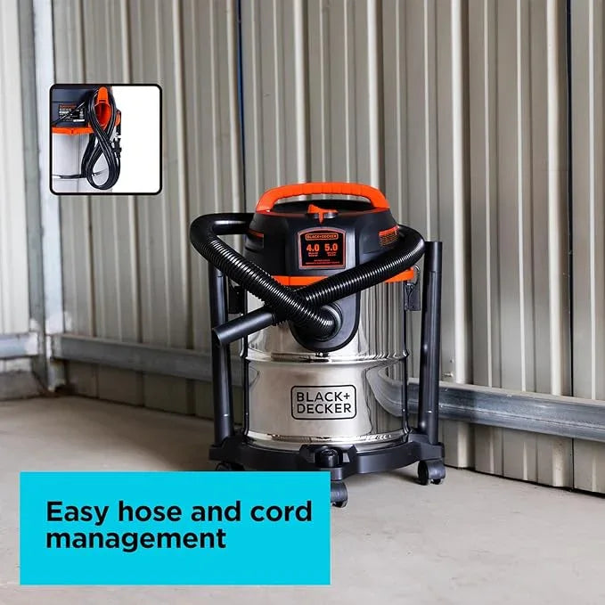 BLACK+DECKER Shop Vacuum Wet and Dry, 5 Gallon 3-in-1 Stainless Steel Shop Vac with Accessories, 4 HP Vacuum Cleaner, for Workshop, Home, Garage and Pet, BDXV18143 - NeatNest