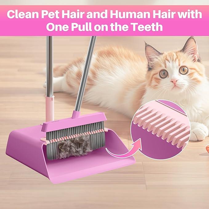 JOYMOOP Pink Broom and Dustpan Set, Upright Angle with Built-in Comb Teeth for Kitchen, Lobby, Pet Hair and Hard Floors - NeatNest