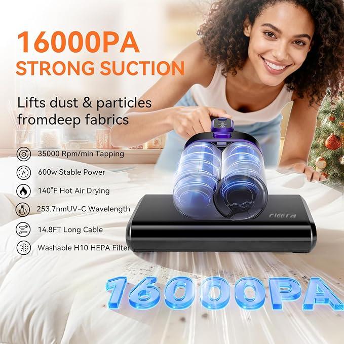 Mattress Vacuum Cleaner, 16KPa Suction Bed/Couch Vacuum, 253.7nm UV-C+140°F Heating+HEPA Filter, 600W Pet Hair Remover for Mattress/Sofa/Crib, Lightweight Corded Deep Cleaner - NeatNest