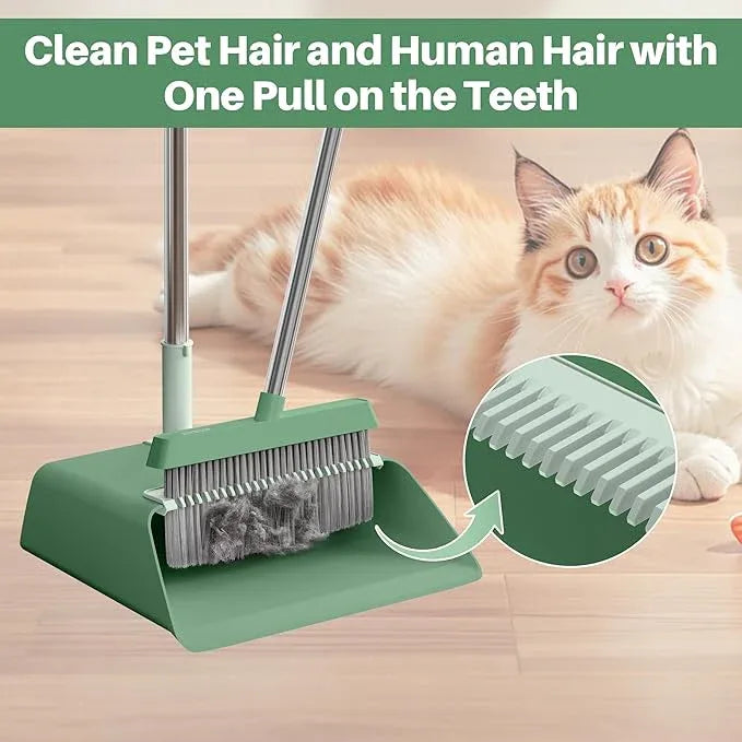 JOYMOOP Dark Teal Green Broom and Dustpan Set, Upright Angle with Built-in Comb Teeth, Ideal for Home, Office, Hardwood, Pet Hair - NeatNest
