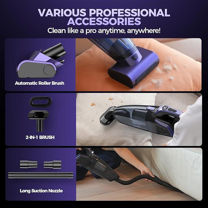 Pet Hair Handheld Vacuum Cordless: 20000PA High Power Car Vacuum with Motorized Brush and LED Light, Rechargeable Hand Held Vacuum Cleaner with Reusable Filter for Car, Home, Office & Pet, Purple - NeatNest