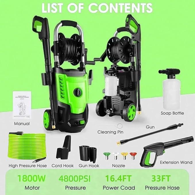 Pressure Cleaner- High Power Cleaner with 33FT Hose Reel, 4 Spray Tips and Soap Bottle for Car Washing, Fence Cleaning, Patio Maintenance（Upgraded） (Green) - NeatNest