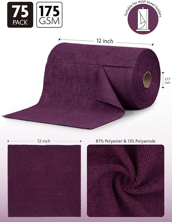 Fantasticlean Microfiber Cleaning Cloth Roll -75 Pack, Tear Away Microfiber Towels, 12" x 12", Reusable, Washable, Scratch Free, Ultra Absorbent for Car, Home Supplies (Dark Purple) - NeatNest