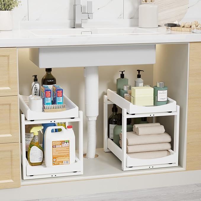 Bamboo Under Sink Organizer Adjustable Height 2 Tier Bathroom Organizer Pull Out Cabinet Storage Kitchen Heave Duty Wood Slide Ou Shelf for Kitchen Bathroom (White, 2 Packs) - NeatNest