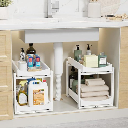 Bamboo Under Sink Organizer Adjustable Height 2 Tier Bathroom Organizer Pull Out Cabinet Storage Kitchen Heave Duty Wood Slide Ou Shelf for Kitchen Bathroom (White, 2 Packs) - NeatNest