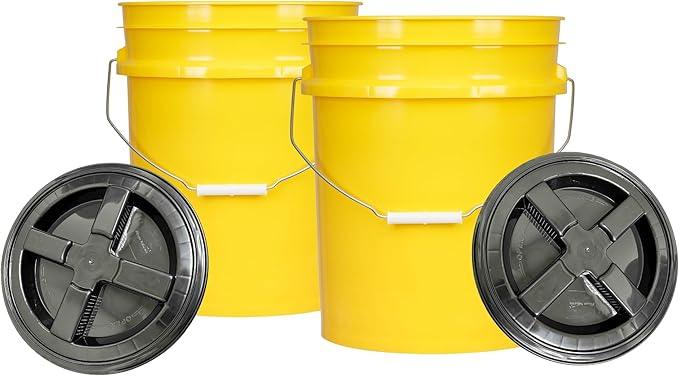 House Naturals 5 Gal Food Grade BPA Free Made in USA Yellow Plastic Buckets Premium 90 mil pails with Gasket Screw On Lids - Pack of 2 (Black lids) - NeatNest