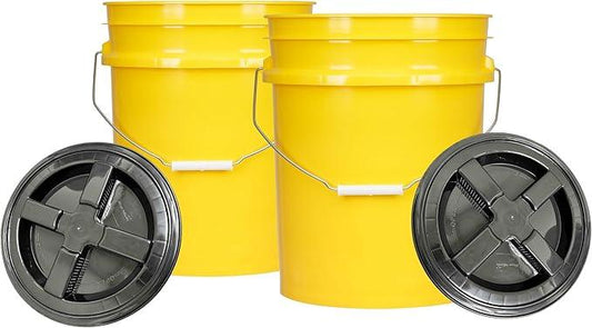 House Naturals 5 Gal Food Grade BPA Free Made in USA Yellow Plastic Buckets Premium 90 mil pails with Gasket Screw On Lids - Pack of 2 (Black lids) - NeatNest